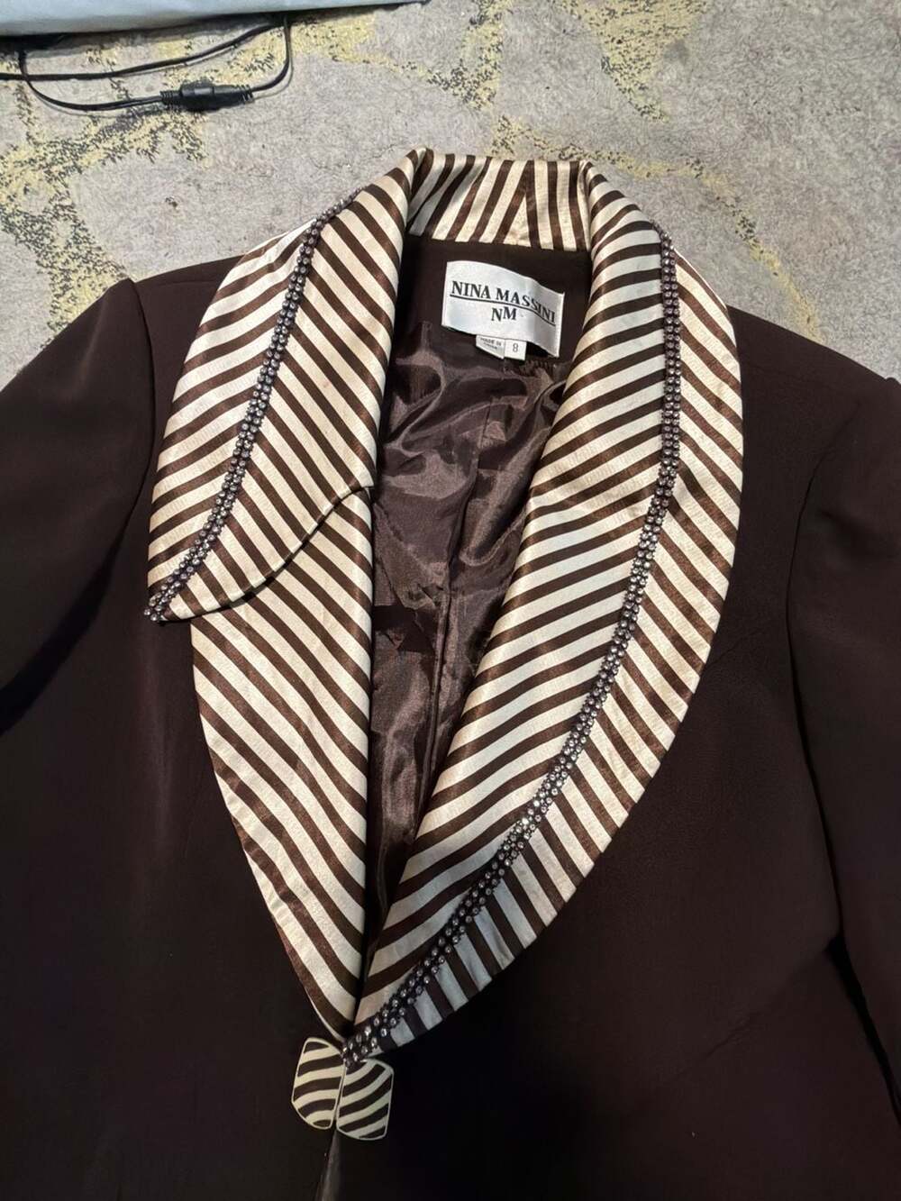 Nina Massini Women's Brown Blazer with Rhinestone-Embellished Striped Lapel - Picture 6 of 6